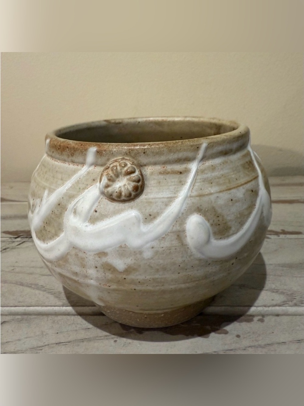 Vintage Studio Art Pottery Planter Handcrafted Tan Cream Ceramic Signed